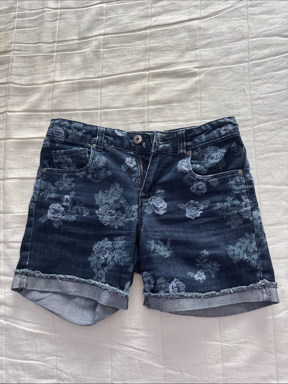 Floral Print Dark Blue Denim Shorts